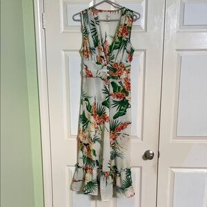 Sleeveless Tropical Floral Maxi Dress Cover Up with Green & Orange Print